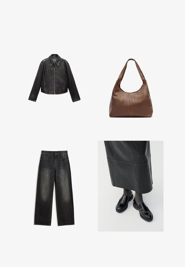 Crna kožna skraćena jakna s velikim ovratnikom, dugim rukavima i zatvaranjem na patentni zatvarač. Teksturna završna obrada s vidljivim šavovima.; Smokan bluzon s kariranim uzorkom u crnoj, bijeloj i bež boji. Nabran ovratnik i manžeti, dugi rukavi, skraćeni kroj.; Široke crne traperice od denima s izblijedjelom teksturom, dizajnom s pet džepova i kontrastnim šavovima. Ima kopčanje na dugme i petlje za pojas.; Crne kožne mokasine s glatkom završnom obradom, s dekorativnom trakicom, okruglim vrhom i teksturiranom potplatom. Nosi se s dugom crnom kožnom suknjom.; Smeđi kožni ručni torba s mekanim, zaobljenim oblikom. Ima jednu čvrstu naramenicu i diskretne detalje šivanja. Glatka tekstura.