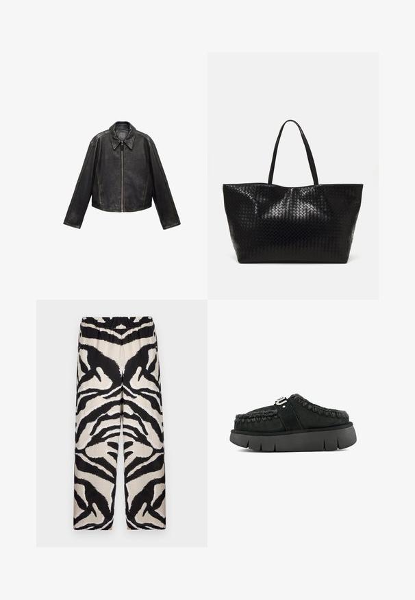 Czarna skórzana kurtka o krótkim kroju z dużym kołnierzem, długimi rękawami i zapięciem na zamek. Teksturowane wykończenie z widocznymi detalami szwu.; Czarna i biała koszula w kratkę z długim rękawem, kołnierzykiem zapinanym na guziki, pojedynczą kieszenią na piersi i luźnym fasonem. Miękka tekstura materiału.; Czarno-beżowe spodnie typu wide-leg wzorzyste z elastycznym pasem, z wyrazistym wzorem w paski zebry na gładkim materiale.; Czarne zamszowe buty wsuwane z futrzanym wykończeniem, plecionym przeszyciem i masywną czarną podeszwą. Posiadają markowy pasek na górze.; Czarna pleciona torba na ramię z dwoma mocnymi uchwytami, charakteryzująca się błyszczącą powierzchnią i przestronnym otwartym topem.
