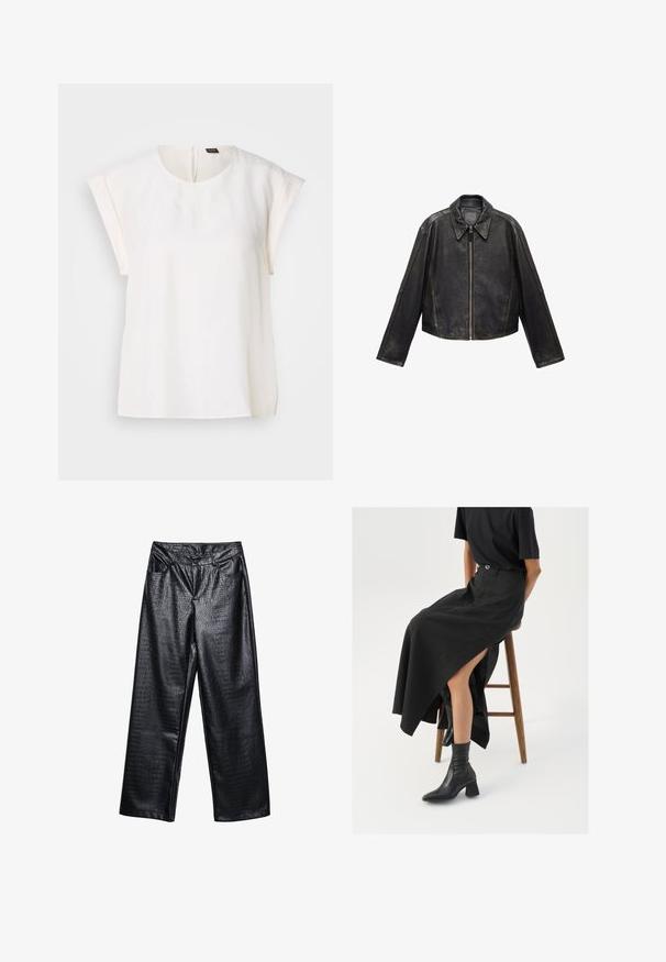 Črna usnjena skrajšana jakna z velikim ovratnikom, dolgimi rokavi in zadrgo. Učinkovit teksturirani zaključek z vidnimi šivi.; Bela bluzica s kratkimi rokavi z okroglim izrezom, gladkim materialom in nevidnim zadrgo na hrbtu. Ravan rob in sproščen kroj.; Črne široke hlače iz umetnega usnja z teksturiranim krokodiljim vzorcem, z sprednjimi žepi in gumbom za zapiranje v pasu.; Črna lanena maxi krilo z visokim razporkom, oblečeno s črno majico in črnimi gležnjarji. Minimalističen dizajn z udobnim krojem.