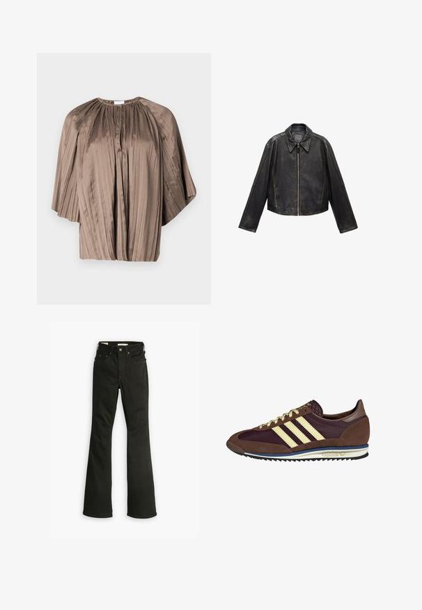 Zwarte leren cropped jack met grote kraag, lange mouwen en ritssluiting. Textuurafwerking met zichtbare stikdetails.; Bruine geplooide blouse met een ronde halslijn, batwing mouwen en een knopenrij aan de voorkant. Gemaakt van soepele, vloeiende stof.; Zwarte flare jeans van denim. Beschikt over een klassiek vijf-pocket ontwerp met een ritssluiting, stevige stiksels en een schone zoom.; Bruine en bordeauxkleurige sneaker van suede en mesh materiaal, met drie crèmekleurige strepen, een gemêleerd stof op de tong en een rubberen zool.
