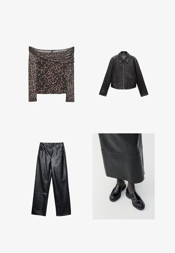 Mustan nahkainen crop-takki, jossa on suuri kaulus, pitkät hihat ja vetoketjusuljenta. Teksturoitu pinta, jossa näkyvät ompeluyksityiskohdat.; Pitkähihainen off-the-shoulder -paita musta- ja ruskeakarhuakuosisena, jossa on laskostettu kaulus ja pehmeä, teksturoitu kangas.; Mustat keinonahkaiset leveälahkeiset housut, joissa on teksturoitu krokotiilikuosi, edessä taskut ja napitus vyötäröllä.; Musta nahka loaferit sileällä pinnalla, jossa on koristeellinen hihna, pyöreä kärki ja teksturoitu pohja. Yhdistetty pitkän mustan nahkahameen kanssa.