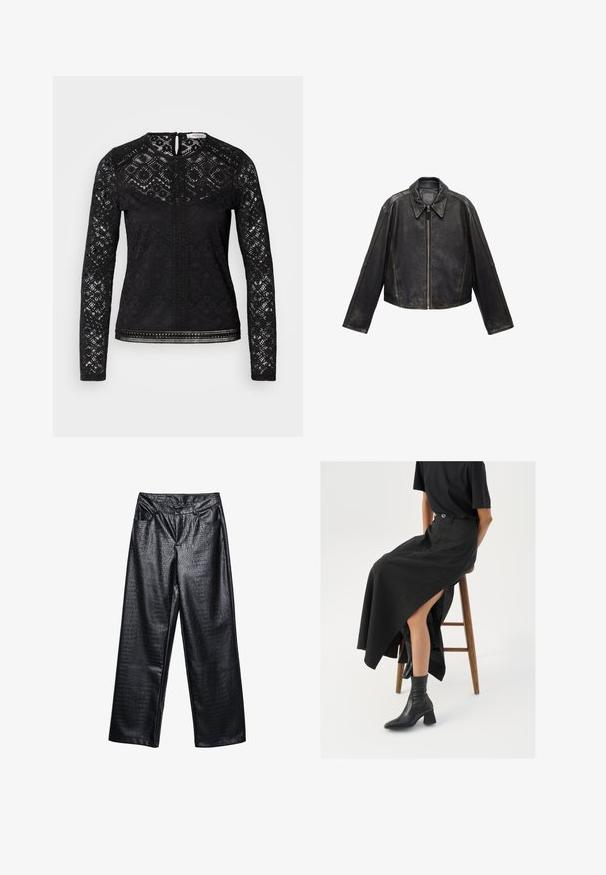 Schwarze Leder-Cropped-Jacke mit großem Kragen, langen Ärmeln und Reißverschluss. Texturierte Oberfläche mit sichtbaren Nahtdetails.; Schwarzes Langarmoberteil aus Spitze mit geometrischen Mustern, Schlüsselklappenverschluss im Rücken und dekorativem Saum sowie Mittelteil.; Schwarze Kunstleder-Hosen im weit geschnittenen Stil mit einem strukturierten Krokodil-Muster, ausgestattet mit vorderen Taschen und einem Knopfverschluss auf der Hüfte.; Schwarzer Leinen-Maxi-Rock mit hohem Schlitz, getragen mit einem schwarzen T-Shirt und schwarzen Knöchelstiefeln. Minimalistisches Design mit lockerer Passform.