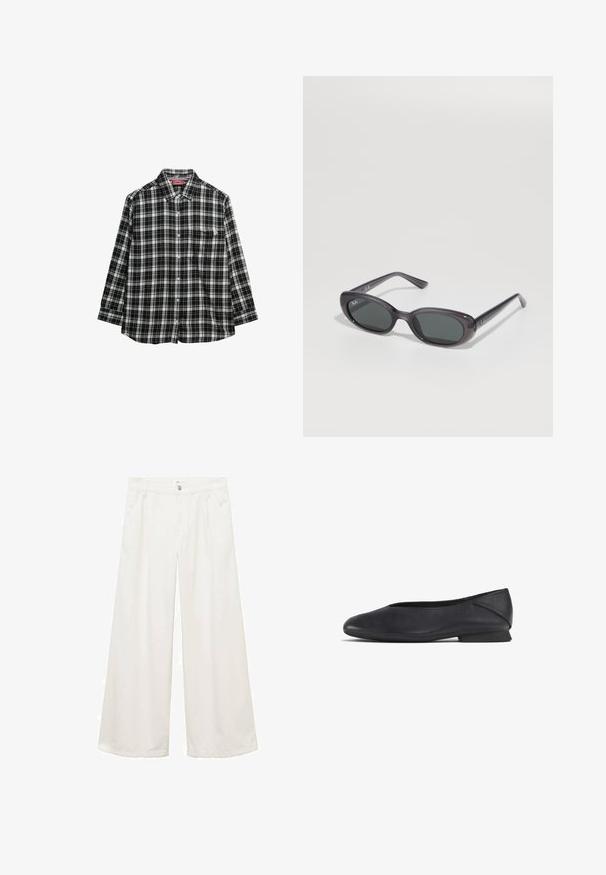 Giacca cropped in pelle nera con ampio colletto, maniche lunghe e chiusura con zip. Finitura testurizzata con dettagli di cucitura in vista.; Camicia a quadri in bianco e nero con maniche lunghe, colletto con bottoni, taschino sul petto, e vestibilità rilassata. Tessuto morbido.; Pantaloni larghi in cotone bianco con tasche frontali, chiusura a bottone e zip, e cuciture pulite. Adatti per vari contesti informali.; Scarpa piatta nera in pelle con punta arrotondata e tacco basso, progettata per un uso casual o formale.; Occhiali da sole Ray-Ban ovali neri con lenti scure su uno sfondo bianco, che mostrano il logo del marchio sulla lente e sulle asticelle.; Borsa tote nera intrecciata con due manici robusti, caratterizzata da una texture lucida e un ampio design a apertura aperta.