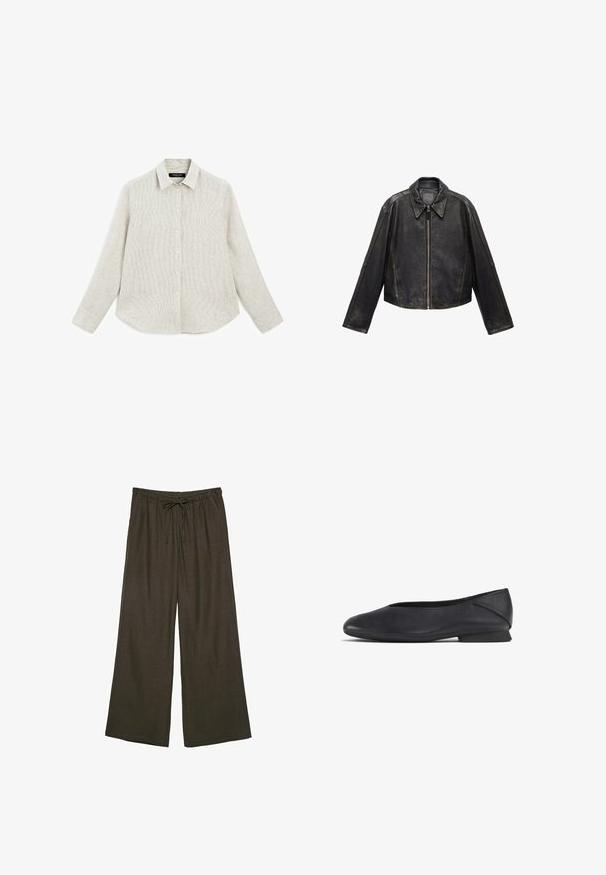 Zwarte leren cropped jack met grote kraag, lange mouwen en ritssluiting. Textuurafwerking met zichtbare stikdetails.; Lichtgekleurde overhemd met knoopsluiting en een subtiel gestreept patroon. Gemaakt van gestructureerde stof, met een klassiek kraag en lange mouwen met knoopmanchetten.; Donkerbruin wijde broek met een elastische tailleband en verstelbaar koord. Gemaakt van een zachte, lichte stof.; Zwarte leren platte schoen met ronde teen en lage hak, ontworpen voor casual of formele gelegenheden.