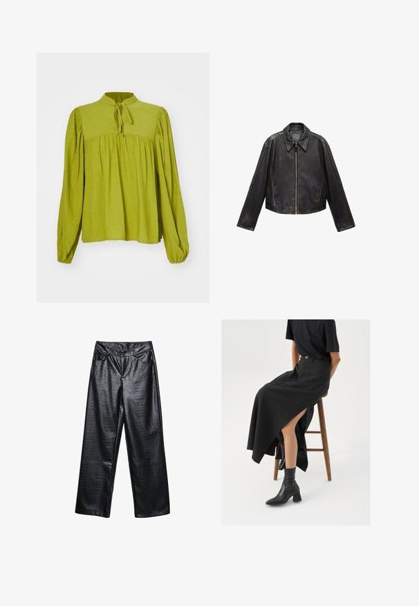 Schwarze Leder-Cropped-Jacke mit großem Kragen, langen Ärmeln und Reißverschluss. Texturierte Oberfläche mit sichtbaren Nahtdetails.; Grüne Bluse mit langen Ärmeln, hohem Kragen und Schleifendetail. Strukturierter Stoff mit lockerer, geraffter Passform und elastischen Bündchen.; Schwarze Kunstleder-Hosen im weit geschnittenen Stil mit einem strukturierten Krokodil-Muster, ausgestattet mit vorderen Taschen und einem Knopfverschluss auf der Hüfte.; Schwarzer Leinen-Maxi-Rock mit hohem Schlitz, getragen mit einem schwarzen T-Shirt und schwarzen Knöchelstiefeln. Minimalistisches Design mit lockerer Passform.