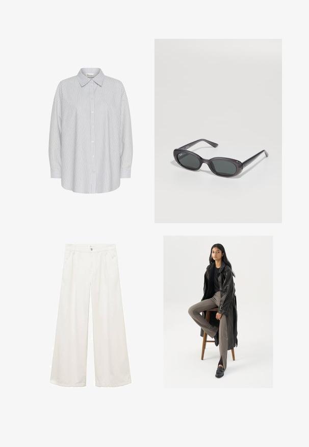 Jachetă neagră din piele, croită, cu guler mare, mâneci lungi și închidere cu fermoar. Finisaj texturat cu detalii de coasere vizibile.; Cămașă albă cu butoni, cu dungi verticale subțiri de culoare navy, mâneci lungi și guler ascuțit. Are o croială lejeră și nu are modele vizibile.; Pantaloni largi din bumbac alb, cu buzunare frontale, închidere cu buton și fermoar, și cusături curate. Potriviți pentru diferite ocazii casual.; Palton lung din piele neagră cu butoane și detalii cu brâu, purtat cu pantaloni mulați de culoare maro deschis și mocasini negri, așezat pe un scaun din lemn.; Ochelari de soare negri, ovali Ray-Ban cu lentile închise, pe un fundal alb, arătând siglele brandului pe lentile și pe brațele temple.; Geantă de umăr țesută neagră, cu două mânere rezistente, având o textură lucioasă și un design deschis, spațios la partea superioară.