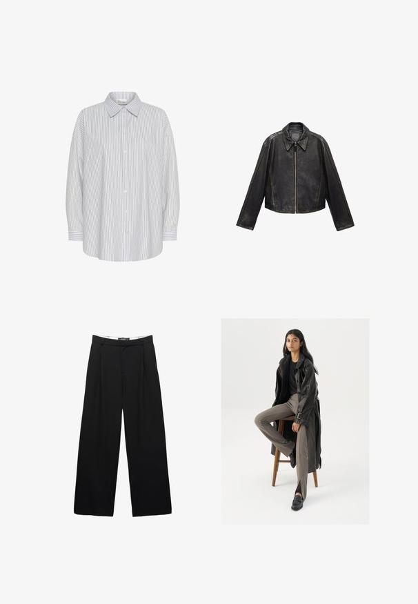 Zwarte leren cropped jack met grote kraag, lange mouwen en ritssluiting. Textuurafwerking met zichtbare stikdetails.; Witte button-up shirt met dunne verticale marineblauwe strepen, lange mouwen en een puntige kraag. Heeft een ontspannen pasvorm en geen zichtbare patronen.; Zwarte wijde pantalon van soepel materiaal. Voorzien van plooien aan de voorkant, een tailleband met riemlussen en een getailleerd silhouet.; Zwarte leren trenchcoat met knopen en riemdetails, gecombineerd met lichtbruine getailleerde broek en zwarte loafers, zittend op een houten kruk.