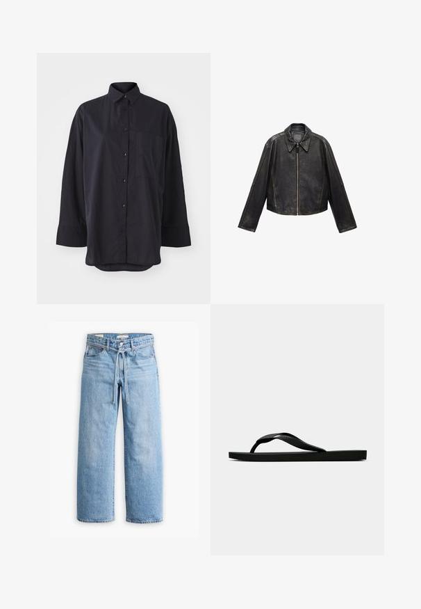 Jachetă neagră din piele, croită, cu guler mare, mâneci lungi și închidere cu fermoar. Finisaj texturat cu detalii de coasere vizibile.; Camică neagră cu nasturi, realizată dintr-un material moale, având un guler clasic, mâneci lungi, un buzunar pe piept și un design cu tiv curbat.; Jeanși cu talie înaltă, de culoare albastru deschis, cu picioare largi, închidere cu nasture și fermoar, și detaliu cu șnur la talie. Terminare brută a marginii.; Sandala flip-flop din cauciuc negru, cu un bretele texturat și o talpă simplă și plată, prezentată din lateral pe un fundal simplu și deschis.