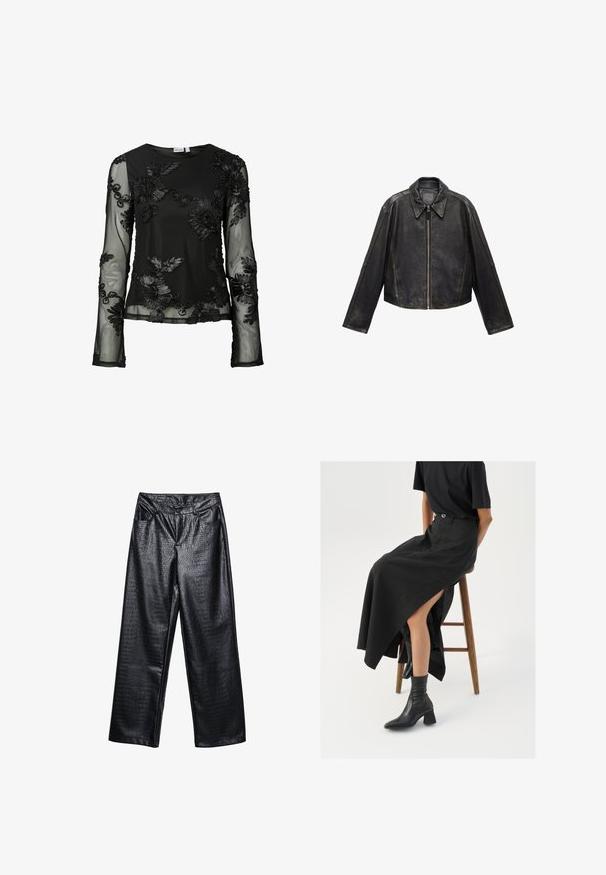 Crna kožna skraćena jakna s velikim ovratnikom, dugim rukavima i zatvaranjem na patentni zatvarač. Teksturna završna obrada s vidljivim šavovima.; Crna majica s dugim prozirnim rukavima ukrašenim složenim cvjetnim vezom; mekane teksture, okrugli izrez i kroj koji prati tijelo.; Crne široke hlače od umjetne kože s teksturama krokodila, s prednjim džepovima i kopčanjem na gumba u struku.; Crna lanena maksi suknja s visokom prorezom, nosi se s crnom majicom i crnim gležnjačama. Minimalistički dizajn s opuštenim krojem.