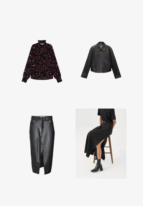Czarna skórzana kurtka o krótkim kroju z dużym kołnierzem, długimi rękawami i zapięciem na zamek. Teksturowane wykończenie z widocznymi detalami szwu.; Czarna bluzka z długim rękawem z czerwono-białym abstrakcyjnym wzorem, wysoka szyja, luźny krój i fakturowany materiał.; Czarna skórzana spódnica o średniej długości, z rozcięciem z przodu, klasycznymi pętelkami na pasek i przeszyciami wzdłuż szwów.; Czarna lniana spódnica maxi z wysokim rozcięciem, noszona z czarnym t-shirtem i czarnymi botkami sięgającymi kostek. Minimalistyczny design z luźnym krojem.