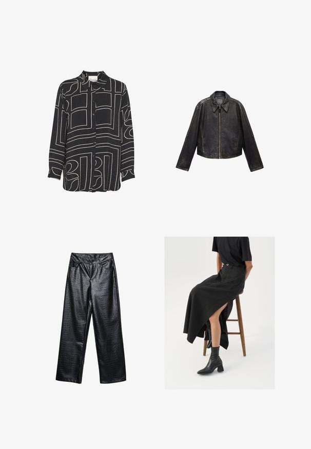 Czarna skórzana kurtka o krótkim kroju z dużym kołnierzem, długimi rękawami i zapięciem na zamek. Teksturowane wykończenie z widocznymi detalami szwu.; Czarna koszula zapinana na guziki z długim rękawem, z abstrakcyjnymi beżowymi wzorami linii i klasycznym kołnierzykiem. Wykonana z lekkiej, teksturowanej tkaniny.; Czarne spodnie z sztucznej skóry o szerokich nogawkach z teksturowanym wzorem krokodyla, z przednimi kieszeniami i zapięciem na guzik w talii.; Czarna lniana spódnica maxi z wysokim rozcięciem, noszona z czarnym t-shirtem i czarnymi botkami sięgającymi kostek. Minimalistyczny design z luźnym krojem.
