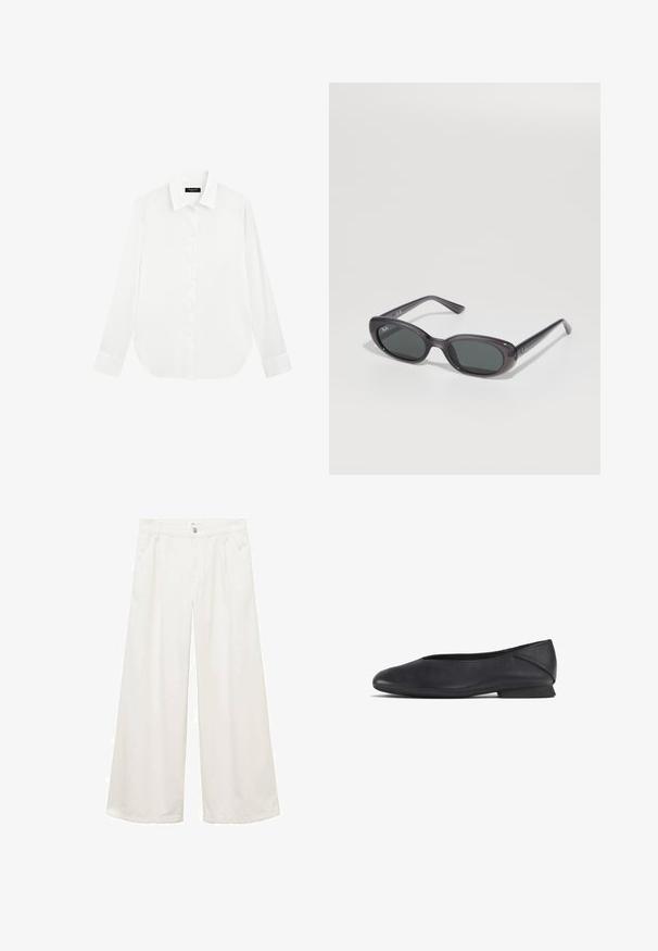 Zwarte leren cropped jack met grote kraag, lange mouwen en ritssluiting. Textuurafwerking met zichtbare stikdetails.; Wit overhemd met knopen, met een klassieke kraag, lange mouwen en een afgeronde zoom. Glad stof met een subtiele glans, voorzien van een centrale knoopsluiting.; Wijduitlopende, witte katoenen broeken met zijzakken, een knoop- en ritssluiting, en nette naden. Geschikt voor verschillende informele gelegenheden.; Zwarte leren platte schoen met ronde teen en lage hak, ontworpen voor casual of formele gelegenheden.; Zwarte ovale Ray-Ban zonnebril met donkere glazen op een witte achtergrond, met het merkembleem op de glazen en de pootjes.; Zwarte geweven schoudertas met twee stevige handvatten, met een glanzende textuur en een ruime open bovenkant.