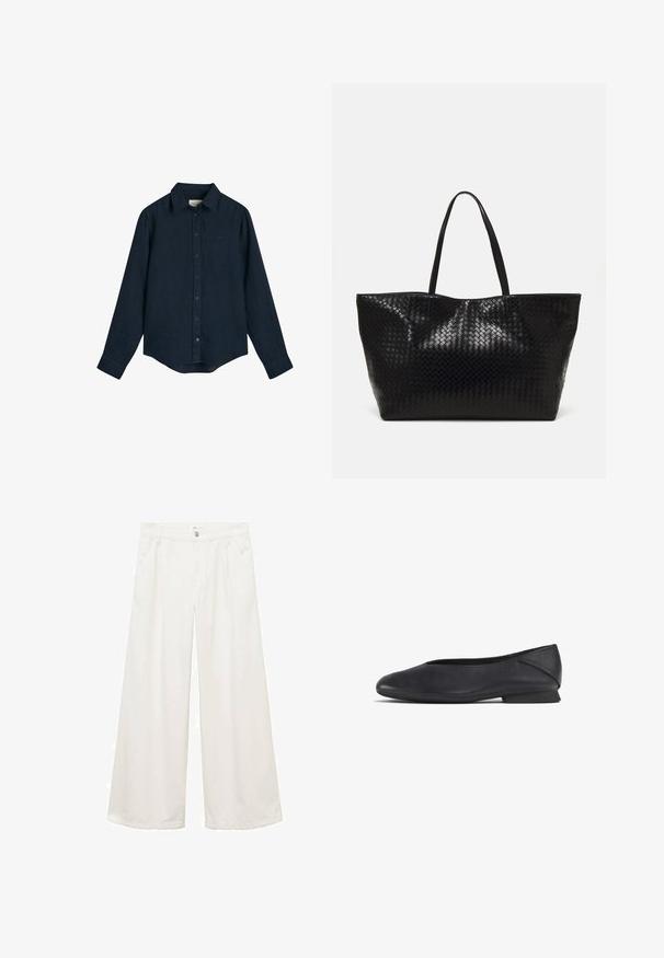 Zwarte leren cropped jack met grote kraag, lange mouwen en ritssluiting. Textuurafwerking met zichtbare stikdetails.; Marineblauw linnen shirt met een button-down kraag, lange mouwen en een rechte zoom. Bevat een subtiel logo op de borst.; Wijduitlopende, witte katoenen broeken met zijzakken, een knoop- en ritssluiting, en nette naden. Geschikt voor verschillende informele gelegenheden.; Zwarte leren platte schoen met ronde teen en lage hak, ontworpen voor casual of formele gelegenheden.; Zwarte geweven schoudertas met twee stevige handvatten, met een glanzende textuur en een ruime open bovenkant.