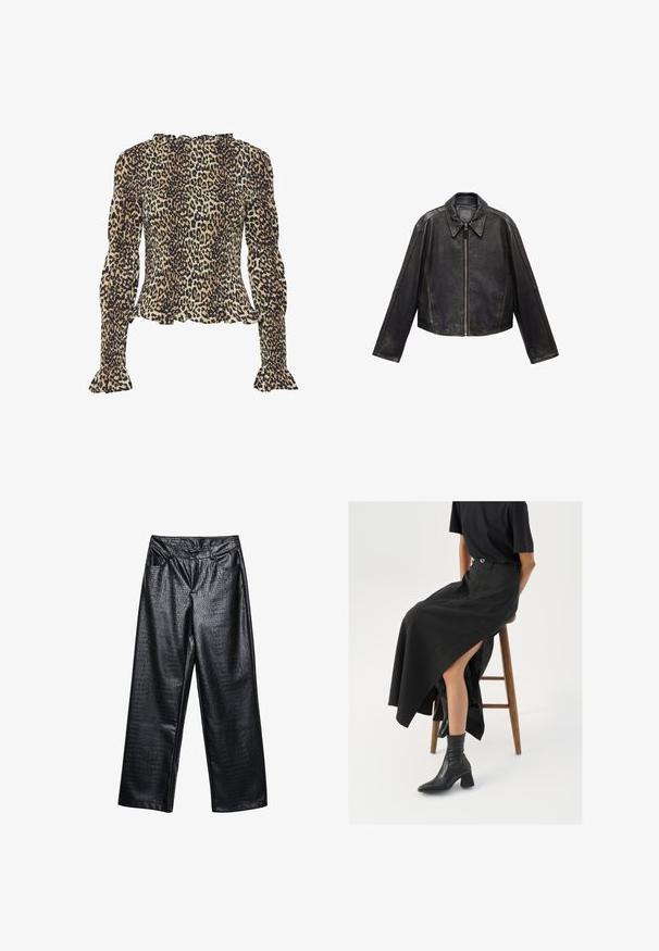 Schwarze Leder-Cropped-Jacke mit großem Kragen, langen Ärmeln und Reißverschluss. Texturierte Oberfläche mit sichtbaren Nahtdetails.; Bluse mit Leopardenmuster, langen, gepufften Ärmeln, gerafftem Textur, Rüsche am Ausschnitt und ausgestellt an den Manschetten. Überwiegend in Beige- und Schwarztönen.; Schwarze Kunstleder-Hosen im weit geschnittenen Stil mit einem strukturierten Krokodil-Muster, ausgestattet mit vorderen Taschen und einem Knopfverschluss auf der Hüfte.; Schwarzer Leinen-Maxi-Rock mit hohem Schlitz, getragen mit einem schwarzen T-Shirt und schwarzen Knöchelstiefeln. Minimalistisches Design mit lockerer Passform.