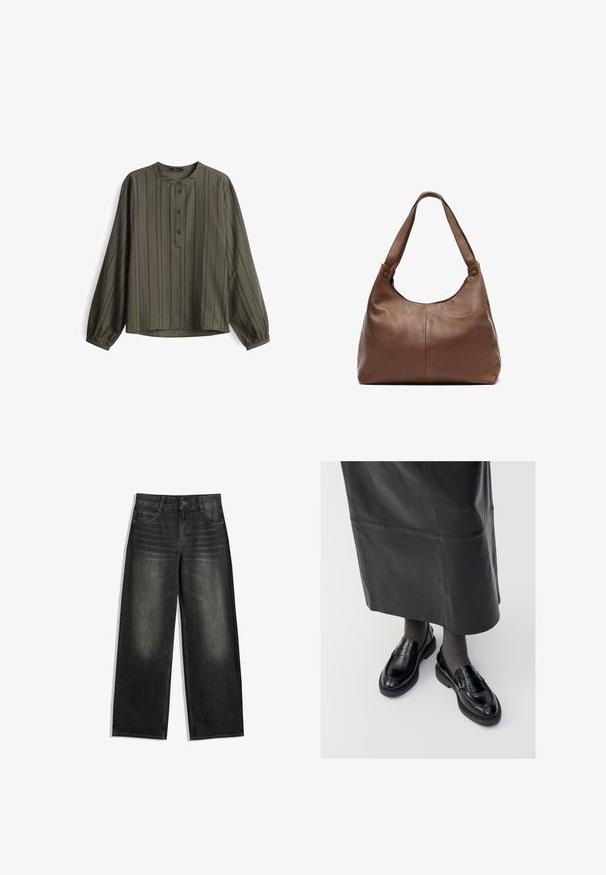 Giacca cropped in pelle nera con ampio colletto, maniche lunghe e chiusura con zip. Finitura testurizzata con dettagli di cucitura in vista.; Blusa verde oliva in tessuto leggero, con maniche lunghe, scollatura rotonda, chiusura con bottoni davanti e motivo a righe verticali.; Jeans in denim nero a gamba larga con texture sbiadita, design a cinque tasche e cuciture a contrasto. Presentano chiusura a bottone e passanti per cintura.; Mocassini in pelle nera con una finitura liscia, dotati di una fascia decorativa, punta rotonda e suola texturizzata. Indossati con una lunga gonna in pelle nera.; Borsa a tracolla in pelle marrone con una forma morbida e arrotondata. Presenta una singola tracolla robusta e dettagli di cucitura discreti. Texture liscia.