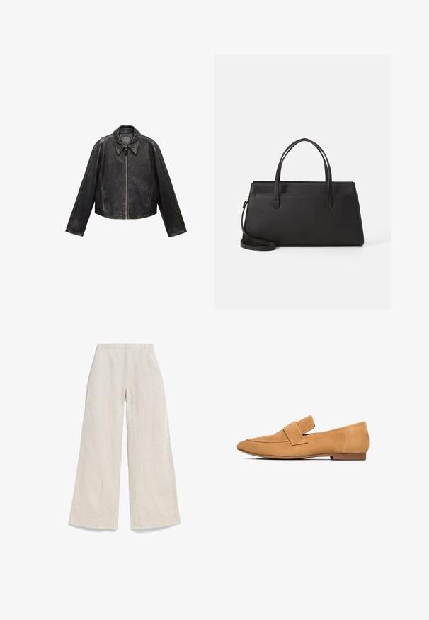 Veste en cuir noire raccourcie avec grand col, manches longues et fermeture éclair. Finition texturée avec des détails de couture visibles.; T-shirt blanc à manches courtes en coton doux, avec un col rond et un design simple et épuré sans motifs ni graphiques.; Pantalons larges beige clair en lin, avec une texture lisse, une taille élastique et des plis avant cousus pour un détail de design supplémentaire.; Mocassins en cuir suédé tan avec un talon plat, un bout arrondi et une sangle cousue sur le devant pour une finition raffinée.; Sac à main en cuir noir avec deux poignées, une bandoulière détachable et une forme structurée. Présente un design minimaliste et un branding subtil.
