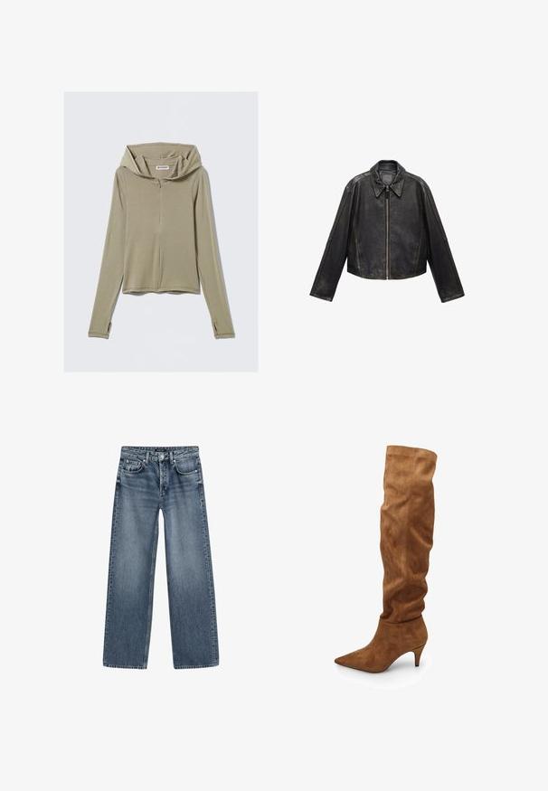 Black leather cropped jacket with large collar, long sleeves, and zip closure. Textured finish with visible stitching details.; Long-sleeve, olive green zip-up hoodie made of soft fabric. Features a large hood, minimal stitching, and thumbholes on sleeves.; High-waisted wide-leg jeans in medium blue denim with a faded finish, five-pocket design, and silver-tone button closure.; Tall brown suede boots with a slouchy design, pointed toe, and a low heel. Features a smooth texture and minimalistic style.