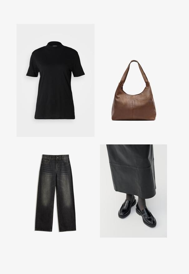 Svart läderkorthalsjacka med stor krage, långa ärmar och dragkedjestängning. Texturerad ytbehandling med synliga sömdetaljer.; Svart kortärmad t-shirt med hög halsringning, tillverkad av mjukt bomullstyg. Enkel design utan synliga mönster eller grafik.; Breda svarta denimjeans med urtvättad textur, femfickorsdesign och kontrasterande sömmar. Har knappstängning och bältesslingor.; Svarta läderloafers med en slät yta, prydda med en dekorativ rem, rund tå och texturerad sula. Bärs med en lång svart läderkjol.; Brun läderhandväska med en mjuk, rundad form. Har en enda, robust rem och subtila sömnadsdetaljer. Slät textur.