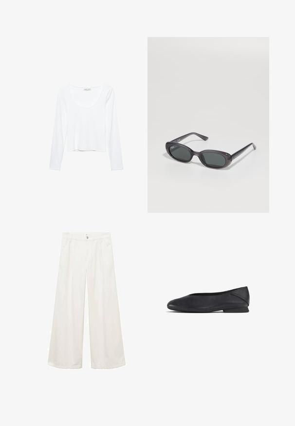 Black leather cropped jacket with large collar, long sleeves, and zip closure. Textured finish with visible stitching details.; White long-sleeve top made of soft fabric, featuring a rounded neckline and a cropped design with seamless edges.; Wide-leg, white cotton trousers with front pockets, a button and zipper closure, and clean seams. Suitable for various casual settings.; Black leather flat shoe with rounded toe and low heel, designed for casual or formal wear.; Black oval Ray-Ban sunglasses with dark lenses on a white background, showing brand logos on the lens and temple arms.; Black woven tote bag with two sturdy handles, featuring a glossy texture and a spacious open top design.