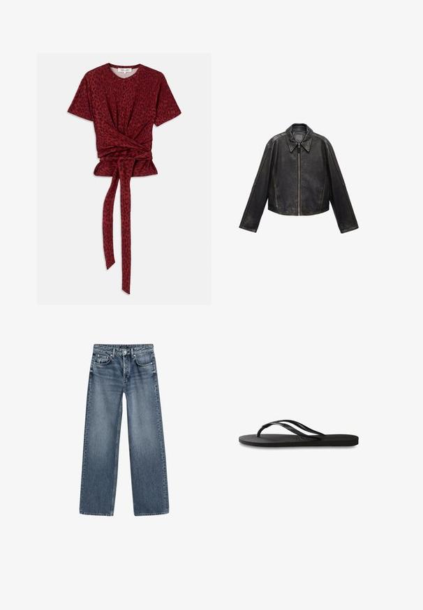 Schwarze Leder-Cropped-Jacke mit großem Kragen, langen Ärmeln und Reißverschluss. Texturierte Oberfläche mit sichtbaren Nahtdetails.; Rotes Leopardenmuster T-Shirt mit rundem Ausschnitt, kurzen Ärmeln und geknotetem Taillendetail; aus weichem, strukturiertem Material hergestellt.; Hochtaillierte, weite Jeans aus mittlerem blauen Denim mit einem verblassten Finish, Fünf-Taschen-Design und silberfarbener Knopfverschluss.; Schwarze Flip-Flops mit einer strukturierten Gummisohle, zwei schlanken Riemen und einem dezenten, geprägten Logo-Detail auf dem Riemen.