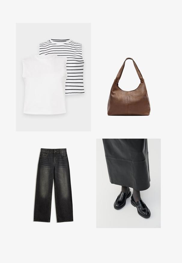 Giacca cropped in pelle nera con ampio colletto, maniche lunghe e chiusura con zip. Finitura testurizzata con dettagli di cucitura in vista.; Due canottiere senza maniche: una di colore bianco solido, l'altra con strisce orizzontali nere su uno sfondo bianco. Tessuto morbido, scollature rotonde.; Jeans in denim nero a gamba larga con texture sbiadita, design a cinque tasche e cuciture a contrasto. Presentano chiusura a bottone e passanti per cintura.; Mocassini in pelle nera con una finitura liscia, dotati di una fascia decorativa, punta rotonda e suola texturizzata. Indossati con una lunga gonna in pelle nera.; Borsa a tracolla in pelle marrone con una forma morbida e arrotondata. Presenta una singola tracolla robusta e dettagli di cucitura discreti. Texture liscia.