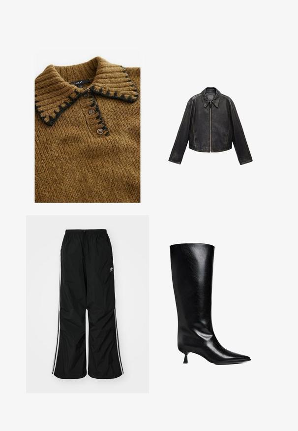 Schwarze Leder-Cropped-Jacke mit großem Kragen, langen Ärmeln und Reißverschluss. Texturierte Oberfläche mit sichtbaren Nahtdetails.; Brauner Strickpullover mit geripptem Kragen in Schwarz und Knopfverschluss, der einen strukturierten Stoff und eine praktische Gestaltung zeigt.; Schwarze Windbreaker-Hose mit elastischem Bund, Kordelzug, weißen seitlichen Streifen, lockerer Passform und einem kleinen Logo auf der linken Seite.; Schwarze Lederstiefel bis zum Knie mit spitzem Zehenbereich, schlanker Silhouette und niedrigem Blockabsatz mit glänzender Oberfläche.