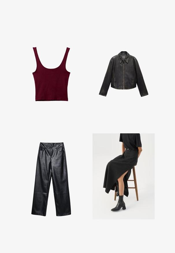 Sort læder cropped jakke med stor krave, lange ærmer og lynlås. Tekstureret overflade med synlige syninger.; Burgunderfarvet tanktop med brede stropper, en scoop-udskæring og en tætsiddende silhuet. Lavet af blødt, strækbart materiale med en glat tekstur.; Sorte faux læderbukser med bred benvidde, dekoreret med et tekstureret krokodillemønster, der har forlommer og en knaplukning i taljen.; Sort linned maxi-nederdel med en høj slids, båret med en sort t-shirt og sorte ankelstøvler. Minimalistisk design med en afslappet pasform.