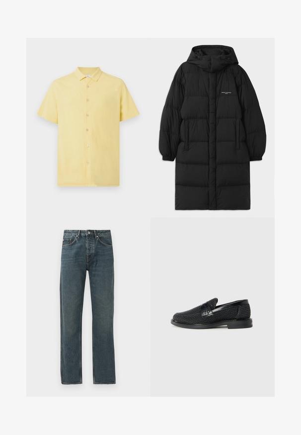 Czarna kurtka puchowa z kapturem, posiadająca pikowany wzór i elastyczne mankiety. Z przodu znajdują się boczne kieszenie oraz mały detal z logo.; Koszula z krótkim rękawem w kolorze żółtym z teksturowanej tkaniny, z zapięciem na guziki z przodu i klasycznym kołnierzykiem. Posiada jasne guziki dla kontrastu.; Granatowe jeansy z prostymi nogawki, z pięcioma kieszeniami, z zapięciem na guzik i kontrastującymi detalami przeszycia.; Czarny, pleciony but wsuwany z gładkim skórzanym akcentem na cholewce, o okrągłym nosku i niskoprofilowej gumowej podeszwie.