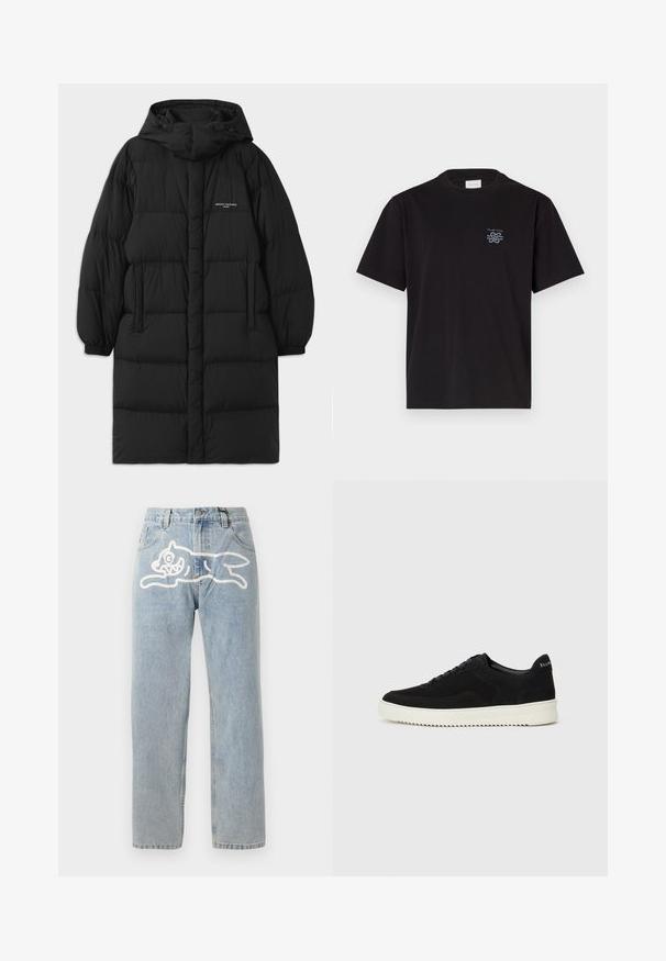 Crna puffer jakna s kapuljačom, s ukrasnim prošivenim dizajnom i elastičnim manžetama. Prednji deo uključuje bočne dzepove i mali logo detalj.; Crna pamučna majica s okruglim izrezom i kratkim rukavima. Ima mali plavi logo na lijevoj strani prsnog koša. Jednostavan, ravno krojen dizajn.; Svijetloplave traperice ravnog kroja, s velikim bijelim grafičkim printom mačke na stražnjem dijelu. Klasičan dizajn s pet džepova.; Crne nubuk tenisice s vezanjem i kontrastnom bijelom gumenom potplatom. Imaju teksturirane bočne panele i suptilno brendiranje na peti.