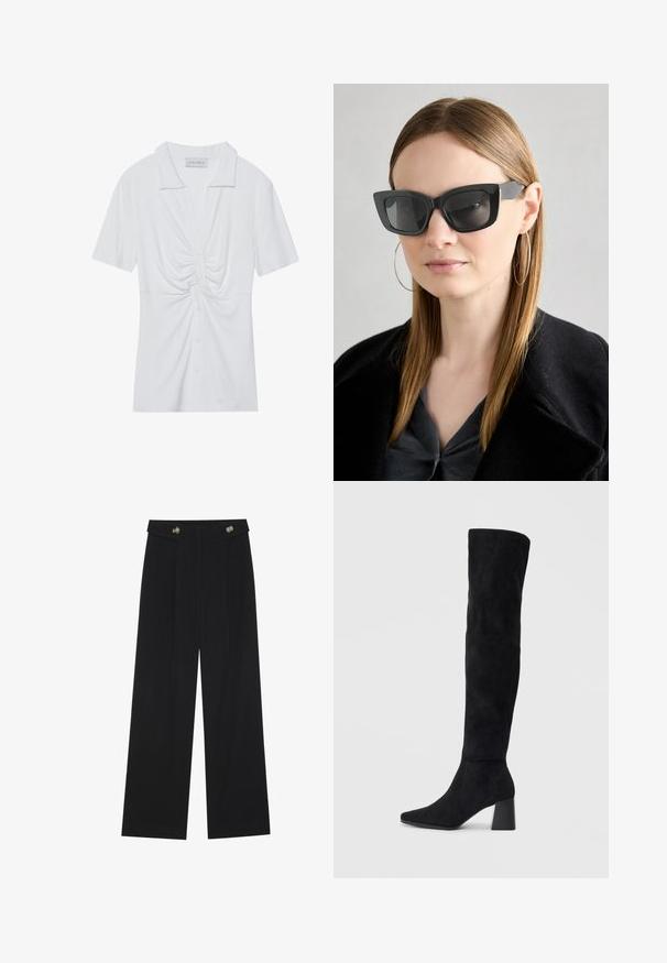 Puffer jacket in shiny dark gray. Features a zip front, hood, and oversized shape with horizontal quilted sections and large pockets.; White short-sleeve blouse with a collar, featuring a twisted knot detail at the front and a button-down placket. Smooth ribbed texture.; Black wide-leg trousers with high waist, button details on waistband, and front pleats.; Black suede knee-high boot with block heel, pointed toe, and smooth, seamless design on a plain light background.; Black cat-eye sunglasses with dark lenses, thick frames, and subtle accents. Worn with a black coat and gray top, featuring long straight hair.