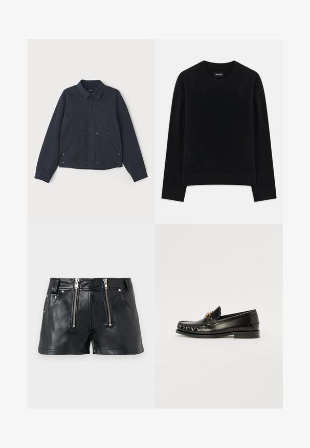 Jachetă bleumarin din material, cu fermoar frontal, guler ascuțit, două buzunare mari frontale și broderie subtilă cu logo.; Pulover negru dintr-un material moale, cu guler rotund, mâneci lungi, croială lejeră și tiv ribflat. Design simplu, uni, fără modele.; Şorturi din piele ecologică negre, cu fermoare frontale duble, două buzunare laterale și o textură netedă, lucioasă. Lungime scurtă și croi ajustat.; Loafers din piele neagră cu vârful rotund, având un accent decorativ auriu pe partea superioară și cusături subtile pe margini. Talpă plată.