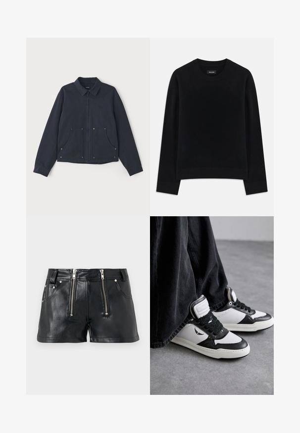 Jūrų mėlynos spalvos švarkas, pagamintas iš audinio, su užtrauktuku priekyje, smailiu apykakle, dviem didelėmis priekinėmis kišenėmis ir subtiliu logotipo siuvinėjimu.; Juodas megztinis, pagamintas iš minkštos medžiagos, turi apvalų iškirpimą, ilgas rankoves, laisvą siluetą ir džinsinę apykaklę. Paprastas, vientisas dizainas be raštų.; Juodas dirbtinės odos šortai su dviem priekiniais užtrauktukais, dviem šoninėmis kišenėmis ir lygiu, blizgiu paviršiumi. Trumpas ilgis ir pritaikytas siluetas.; Juodos ir baltos aukštos sportinės bateliai su tekstūruotais juodais raišteliais, pagaminti iš odos ir sintetinių medžiagų, su logotipu šone.