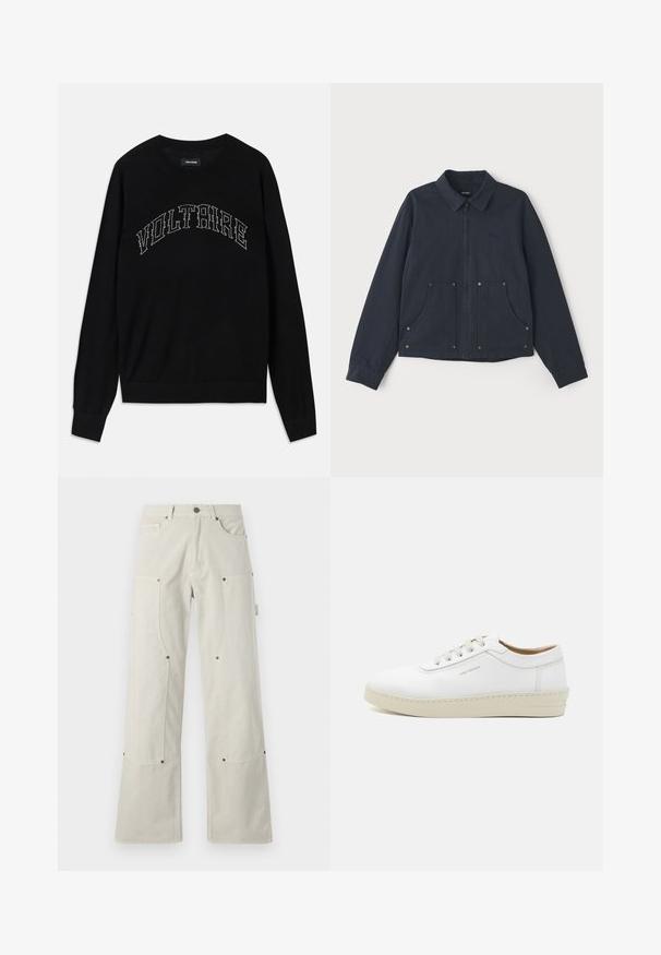 Námořnická modrá bunda z tkaniny, s předním zipem, špičatým límcem, dvěma velkými předními kapsami a decentním výšivkem loga.; Černý svetr s kulatým výstřihem a dlouhými rukávy. "VOLTAIRE" v kontrastním prošívání přes hruď. Měkká textura a přiléhavý střih.; Široké kalhoty světle béžové barvy vyrobené z bavlny s hladkým povrchem, které mají náprsní kapsy a kovové detaily.; Bílé kožené tenisky s texturovaným povrchem, kulatou špičkou, béžovou gumovou podrážkou a šesti šedými očky na šněrování, s jemným brandingem na boku.