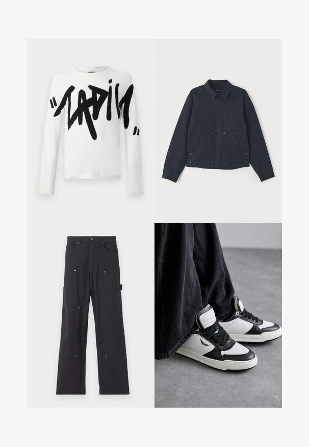 Navyblauwe jas van stof, met een ritssluiting aan de voorkant, puntige kraag, twee grote voorkoke en subtiele logo borduursel.; Witte blouse met lange mouwen met grote zwarte tekst die "LADIES" zegt. Zachte stof met een ronde halslijn en een normale pasvorm.; Zwarte cargobroek van duurzaam materiaal met een recht model, voorzien van voorzakken, drukknoopsluitingen en zijzakken voor gebruiksobjecten.; Zwart-witte hoge sneakers met een gestructureerde zwarte vetersluiting, gemaakt van leer en synthetisch materiaal, met een logo aan de zijkant.
