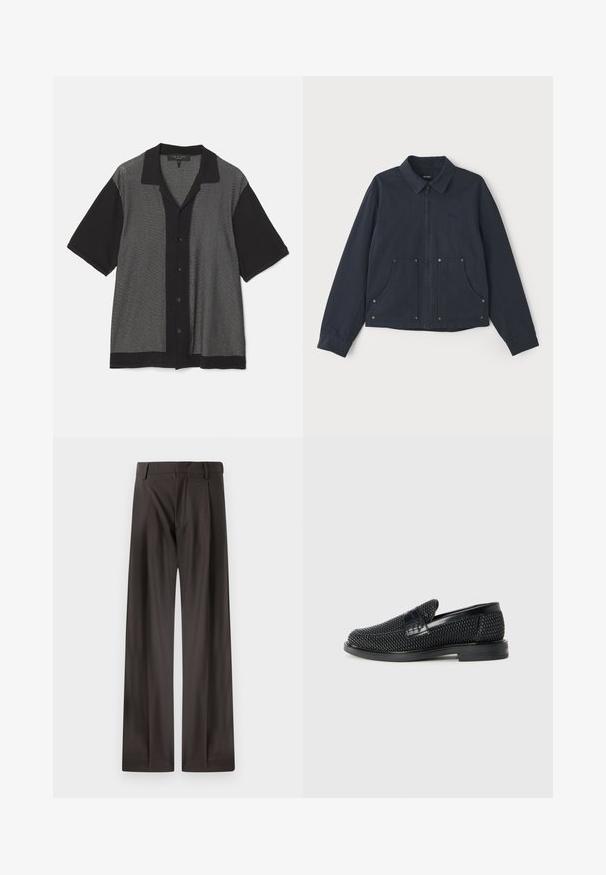 Sötétkék dzseki anyagból, fényes cipzárral elöl, hegyes gallérral, két nagy elülső zsebbel és diszkrét logó hímzéssel.; Fekete és szürke, rövid ujjú ing, függőleges csíkos mintával, gombos elülső résszel és galléros nyakkivágással. Puha kötött anyagból készült.; Sötétbarna anyagú, bő szabású nadrág. Simasága, merev derékpántja és diszkrét elülső redők jellemzik.; Fekete szőtt slip-on cipő sima bőr díszítéssel a felsőrészen, kerek orral és alacsony profilos gumitalppal.