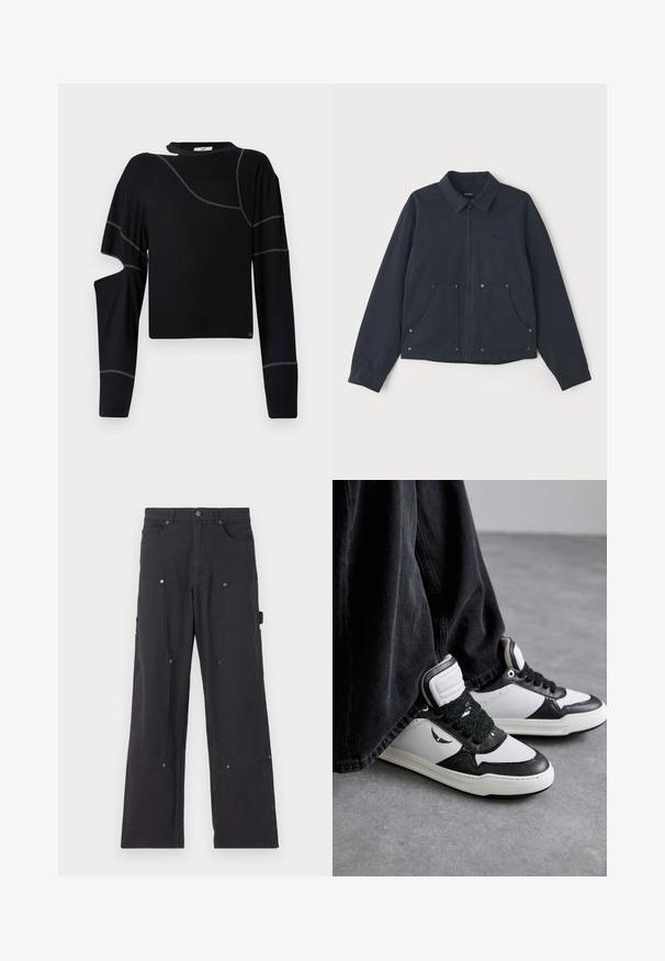 Sötétkék dzseki anyagból, fényes cipzárral elöl, hegyes gallérral, két nagy elülső zsebbel és diszkrét logó hímzéssel.; Fekete, hosszú ujjú felső aszimmetrikus kivágásokkal, kontrasztos szürke varrásokkal, hajónyakkal és cropped hem dizájnnal.; Fekete cargo nadrág tartós anyagból, egyenes szárú kivitelben, elülső zsebekkel, patentgombokkal és oldalsó hasznos zsebekkel.; Fekete és fehér magas szárú tornacipők, textúrált fekete fűződísszel, bőrből és szintetikus anyagból készült, az oldalán logóval.