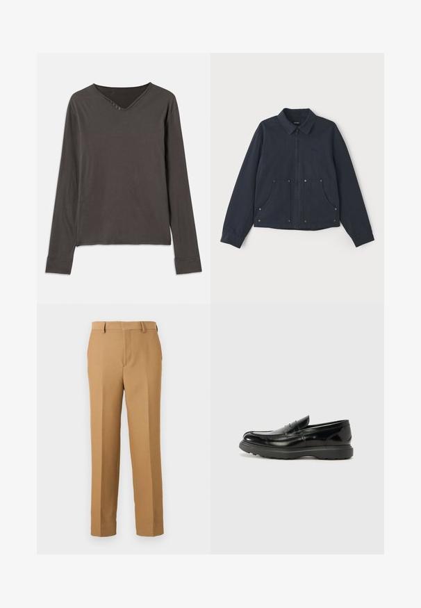 Námornícky modrá bunda z textilu s predným zipsom, špicatým golierom, dvoma veľkými prednými vreckami a diskrétnym výšivkou loga.; Dlhý rukáv top v tmavo sivej farbe s V-výstrihom a štyrmi gombíkmi. Mäkká tkanina s voľným strihom a prešitými manžetami.; Béžové nohavice z tkaného materiálu, so rovný strihom, plochým predným dielom a pútkami na opasok. HladkáTextúra bez viditeľných vzorov.; Čierne kožené mokasíny s lesklým povrchom, okrúhlou špicou, subtilnými švami a hrubou gumovou podrážkou pre zvýšenú odolnosť.