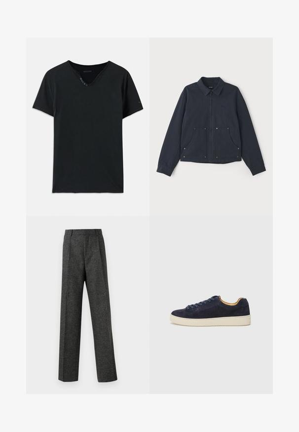 Sötétkék dzseki anyagból, fényes cipzárral elöl, hegyes gallérral, két nagy elülső zsebbel és diszkrét logó hímzéssel.; Fekete pamut póló V nyakkal, rövid ujjakkal és öt gombbal a nyakrészen. Simaság jellemzi, minimális varrási részletekkel.; Szürke, texturált anyagból készült, szabott nadrág, két elülső pliszével és egyenes lábbal. Nincsenek látható zsebek vagy díszítések.; Tengerészeti suède alacsony szárú sportcipő kerek orral, törtfehér gumitalppal és hozzá illő fűzőszerkezet; kontrasztos barna belső béléssel rendelkezik.