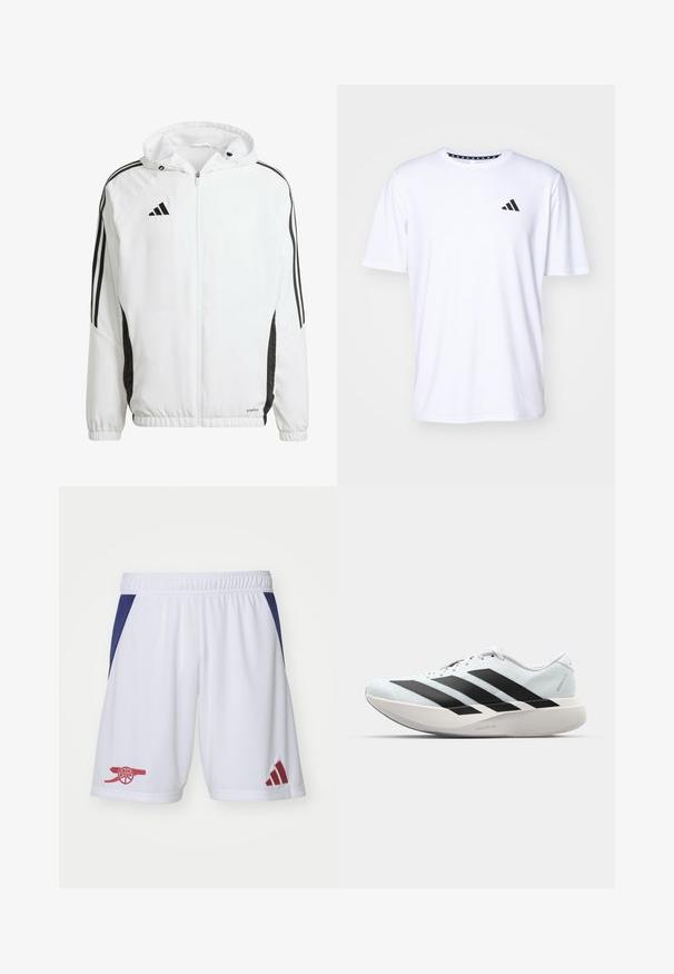 Weißes Sportjackett mit Kapuze, ausgestattet mit schwarzen Streifen entlang der Ärmel und einem Adidas-Logo auf der oberen linken Brust. Elastische Bündchen.; Weißes T-Shirt mit kurzen Ärmeln aus glattem Stoff. Verfügt über ein schwarzes adidas-Logo auf der linken Brust und einen gemusterten Kragen.; Weiße Sportshorts mit blauen Seitenpaneelen. Verfügt über ein rotes Arsenal-Logo am linken Bein und ein rotes Adidas-Logo am rechten Saum. Elastischer Bund.; Leichte Laufschuhe in hellblau mit schwarzen Streifen. Sie verfügen über ein glattes Obermaterial, eine runde Zehenpartie und eine dicke weiße Zwischensohle, die mit "LIGHTSTRIKE PRO" beschriftet ist.