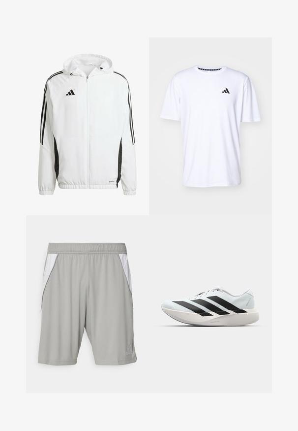 Witte sportjack met capuchon, met zwarte strepen langs de mouwen en een Adidas-logo op de bovenste linkerborst. Elastische manchetten.; Witte T-shirt met korte mouwen, gemaakt van stof met een gladde textuur. Heeft een zwart adidas-logo op de linkerborst en een geborduurde kraag.; Grijze sportieve shorts van lichtgewicht stof, met witte zijpanelen, een elastische tailleband en een klein logo in de onderste hoek.; Lichte hardloopschoenen in lichtblauw met zwarte strepen. Beschikt over een soepele bovenkant, ronde neusstuk en dikke witte tussenzool met het label "LIGHTSTRIKE PRO."
