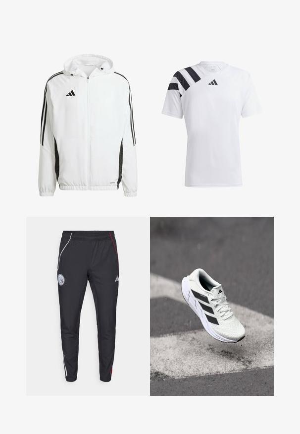 White athletic jacket with a hood, featuring black stripes along the sleeves, and an Adidas logo on the upper left chest. Elastic cuffs.; White lightweight athletic shirt with black stripes on the left shoulder and black logo on the chest. Short sleeves, crew neck design.; Black athletic pants with a tapered fit. Features white and red side stripes, an elastic waistband, and an embroidered logo on the upper thigh.; White athletic shoe with textured mesh upper, black stripes, lace closure, and a cushioned sole, levitating above a marked road surface.