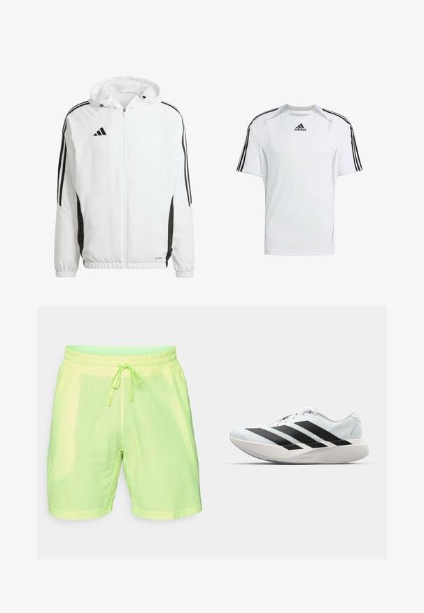 Weißes Sportjackett mit Kapuze, ausgestattet mit schwarzen Streifen entlang der Ärmel und einem Adidas-Logo auf der oberen linken Brust. Elastische Bündchen.; Weißes kurzärmliges Sportshirt mit schwarzen Adidas-Dreistreifenakzenten auf den Schultern, aus glattem, leichtem Stoff hergestellt.; Limegrüne Sportshorts aus leichtem, atmungsaktivem Mesh-Gewebe mit elastischem Bund und Kordelzug. Verfügt über ein strukturiertes Muster.; Leichte Laufschuhe in hellblau mit schwarzen Streifen. Sie verfügen über ein glattes Obermaterial, eine runde Zehenpartie und eine dicke weiße Zwischensohle, die mit "LIGHTSTRIKE PRO" beschriftet ist.