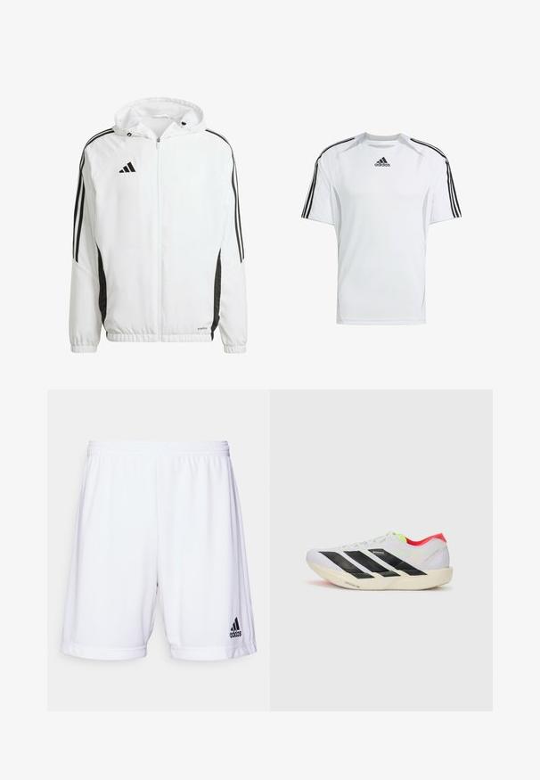 Weißes Sportjackett mit Kapuze, ausgestattet mit schwarzen Streifen entlang der Ärmel und einem Adidas-Logo auf der oberen linken Brust. Elastische Bündchen.; Weißes kurzärmliges Sportshirt mit schwarzen Adidas-Dreistreifenakzenten auf den Schultern, aus glattem, leichtem Stoff hergestellt.; Weiße Sportshorts mit elastischem Bündchen, aus einem glatten Stoff gefertigt. Mit einem schwarzen Adidas-Logo auf der unteren linken Seite.; Weißer Sportschuh mit schwarzen Streifen, neongrünen Akzenten und einer roten Ferse. Hat ein leichtes Design und eine strukturierte Sohle für besseren Grip.