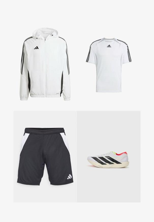 Weißes Sportjackett mit Kapuze, ausgestattet mit schwarzen Streifen entlang der Ärmel und einem Adidas-Logo auf der oberen linken Brust. Elastische Bündchen.; Weißes kurzärmliges Sportshirt mit schwarzen Adidas-Dreistreifenakzenten auf den Schultern, aus glattem, leichtem Stoff hergestellt.; Schwarze Sportshorts aus leichtem Material mit weißen Seitenpaneelen und einem Adidas-Logo unten rechts. Mit elastischem Bund.; Weißer Sportschuh mit schwarzen Streifen, neongrünen Akzenten und einer roten Ferse. Hat ein leichtes Design und eine strukturierte Sohle für besseren Grip.