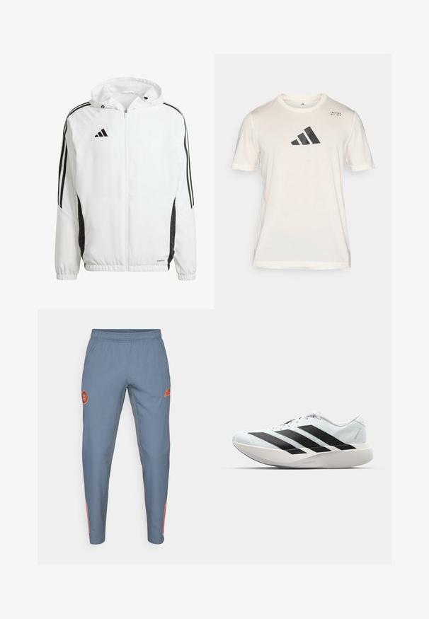 Giacca atletica bianca con cappuccio, caratterizzata da strisce nere lungo le maniche e da un logo Adidas sul lato sinistro del petto. Polsini elasticizzati.; adidas Performance T-Shirt sport - chalk white; Pantaloni sportivi azzurri chiari con vita elastica, caratterizzati da un logo arancione e tre strisce arancioni lungo la gamba esterna.; Scarpe da corsa leggere di colore azzurro pallido con strisce nere. Presentano una tomaia liscia, punta rotonda e un'ampia intersuola bianca etichettata "LIGHTSTRIKE PRO."