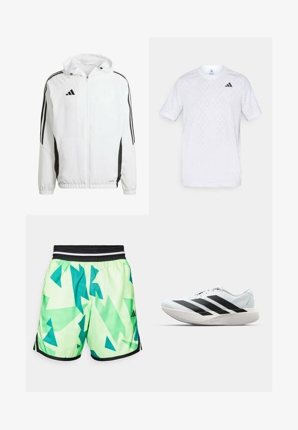 Weißes Sportjackett mit Kapuze, ausgestattet mit schwarzen Streifen entlang der Ärmel und einem Adidas-Logo auf der oberen linken Brust. Elastische Bündchen.; Weißes T-Shirt mit kurzen Ärmeln, das ein dezentes Diamantmuster aufweist, aus leichtem Stoff gefertigt, mit einem schwarzen adidas-Logo auf der Brust.; Limegrüne Shorts mit einem geometrischen türkisfarbenen Muster, ausgestattet mit einem schwarzen elastischen Bund mit weißen Streifen und schwarzen Seitenelementen.; Leichte Laufschuhe in hellblau mit schwarzen Streifen. Sie verfügen über ein glattes Obermaterial, eine runde Zehenpartie und eine dicke weiße Zwischensohle, die mit "LIGHTSTRIKE PRO" beschriftet ist.