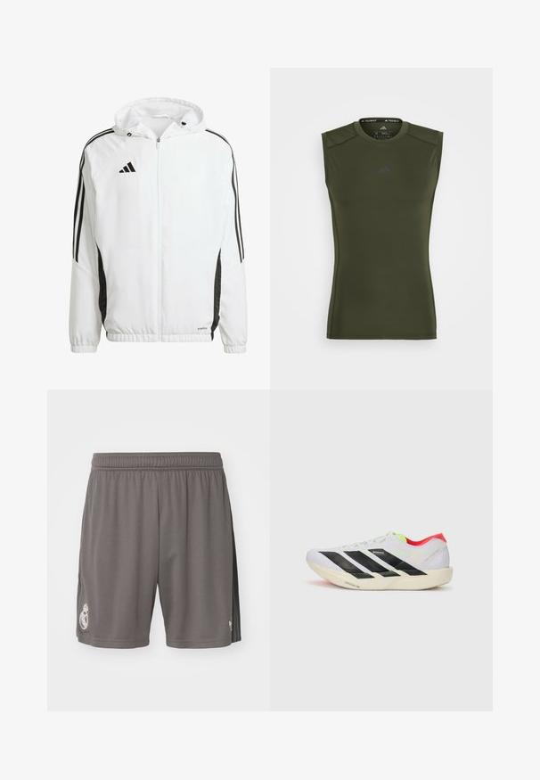 Weißes Sportjackett mit Kapuze, ausgestattet mit schwarzen Streifen entlang der Ärmel und einem Adidas-Logo auf der oberen linken Brust. Elastische Bündchen.; adidas Performance TEE - Top - night cargo; adidas Performance REAL MADRID 3RD SHORT - Vereinsmannschaften - charcoal; Weißer Sportschuh mit schwarzen Streifen, neongrünen Akzenten und einer roten Ferse. Hat ein leichtes Design und eine strukturierte Sohle für besseren Grip.