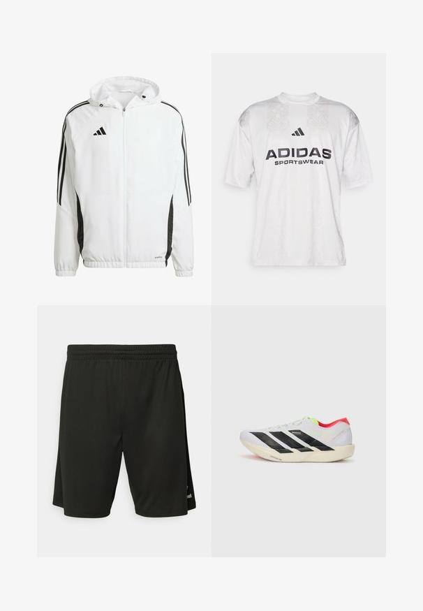 Weißes Sportjackett mit Kapuze, ausgestattet mit schwarzen Streifen entlang der Ärmel und einem Adidas-Logo auf der oberen linken Brust. Elastische Bündchen.; adidas Sportswear TIRO TEE - T-Shirt print - grey one/black; Schwarze sportliche Shorts aus leichtem Material, ausgestattet mit einem elastischen Bund und flachen Nähten. Enthält dezentes Logodetail am Saum.; Weißer Sportschuh mit schwarzen Streifen, neongrünen Akzenten und einer roten Ferse. Hat ein leichtes Design und eine strukturierte Sohle für besseren Grip.