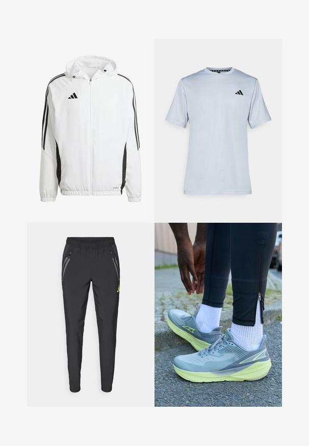Weißes Sportjackett mit Kapuze, ausgestattet mit schwarzen Streifen entlang der Ärmel und einem Adidas-Logo auf der oberen linken Brust. Elastische Bündchen.; adidas Performance Sport T-Shirt - halo silver-coloured/black; adidas Performance REAL MADRID TIRO25 PRO VIS TECH TRAVEL PANT - Vereinsmannschaften - black/lucid lemon; Altra EXPERIENCE FLOW - Laufschuh Straße - gray/green