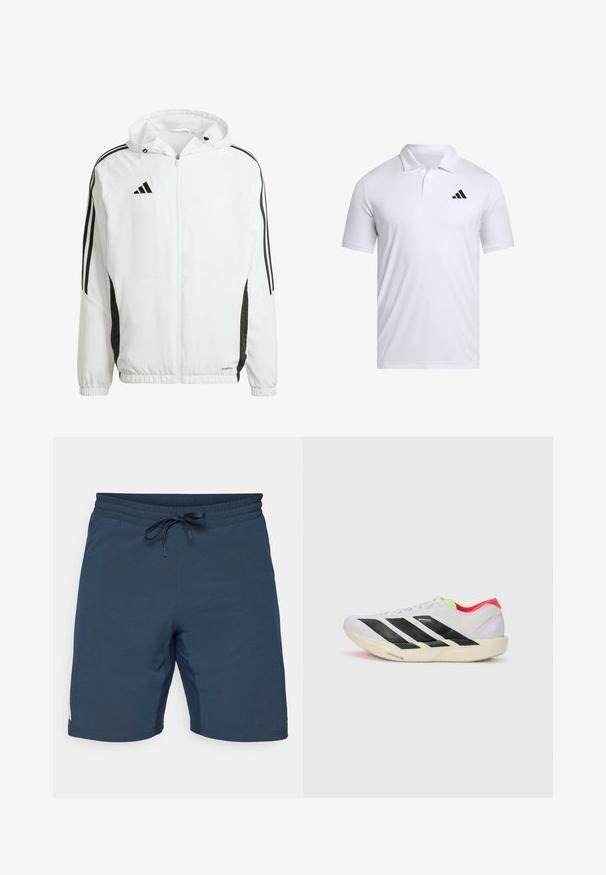 Weißes Sportjackett mit Kapuze, ausgestattet mit schwarzen Streifen entlang der Ärmel und einem Adidas-Logo auf der oberen linken Brust. Elastische Bündchen.; Weißes Polohemd aus atmungsaktivem Stoff mit Kragen, kurzen Ärmeln und einem schwarzen Adidas-Logo auf der linken Brust.; adidas Performance TENNIS ERGO - Kurze Sporthose - aurora ink; Weißer Sportschuh mit schwarzen Streifen, neongrünen Akzenten und einer roten Ferse. Hat ein leichtes Design und eine strukturierte Sohle für besseren Grip.